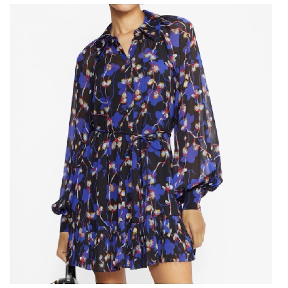 Ted Baker Pleat‎ Hem Swing Dress Sz 1 XS Multicolor Floral Long Sleeve No Belt